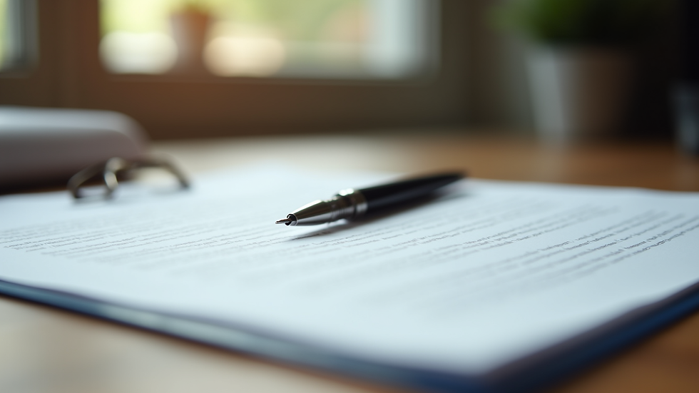 Close-up view of legal documents and a pen on a wooden desk