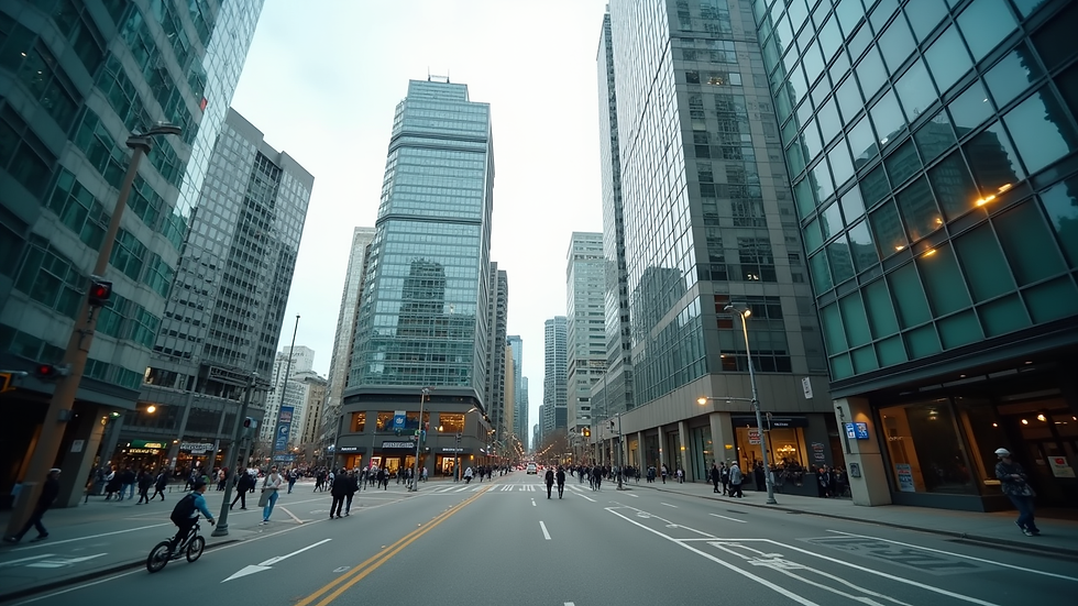 Wide angle view of a downtown Vancouver cityscape with office buildings