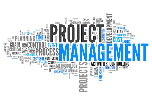 a word cloud made up of all the words associated with construction project management. For example, planning, time, development, processes, method, controlling