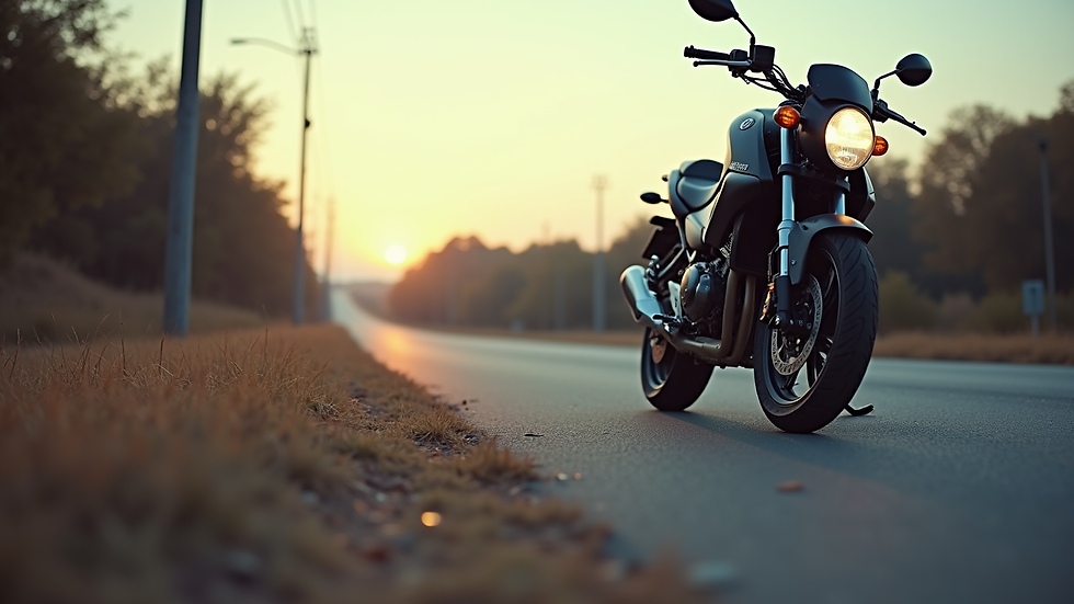 Eye-level view of a motorcycle parked beside a road