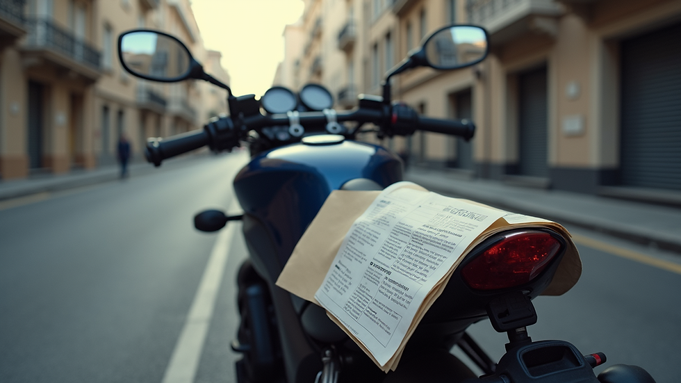 eye-level view of motorcycle parked near a street with insurance documents