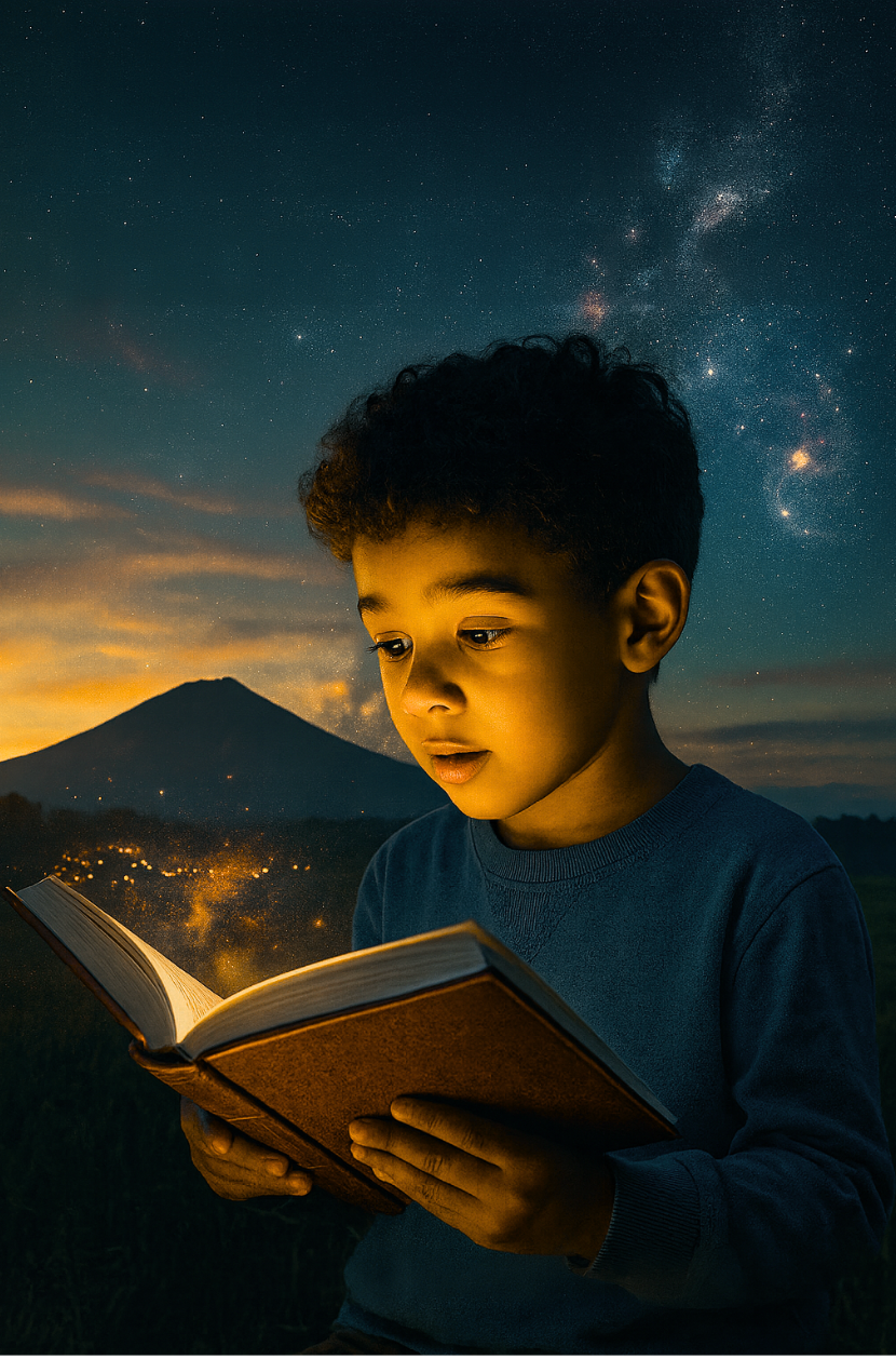 A child gazes in awe as the wonders of a magical world unfold from the pages of a book.