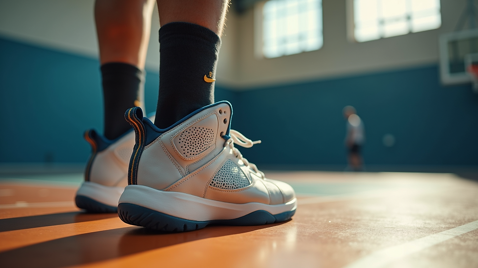 Close-up view of a basketball shoe on a court