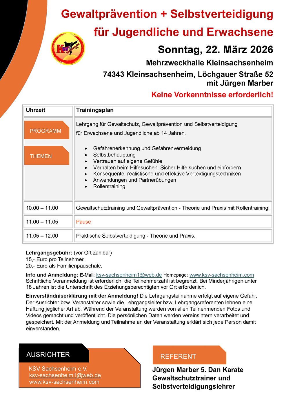 22.03.2026 Lehrgang für Gewaltprävention und Selbstverteidigung für Jugendliche und Erwachsene