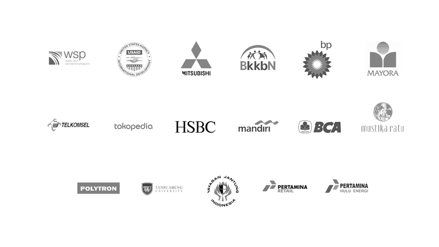Clients: WSP, USAID, Mitsubishi, BKKBN, bp, Mayora, Telkomsel, Tokopedia, HSBC, Mandiri, BCA, Mustika Ratu, Polytron, Tanri Abeng University, Yayasan Jantung Indonesia, Pertamina Retail, Pertamina Hulu Energi