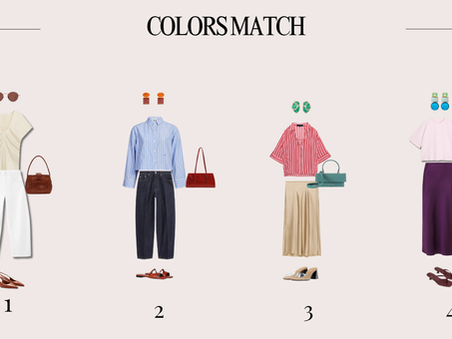 Accord couleurs femme avec jaune beurre, blanc, terre de Sienne, bleu ciel, bleu marine, rouge brique, rose grenadine, beige, bleu lagon, rose poudré, violet et bleu turquoise.