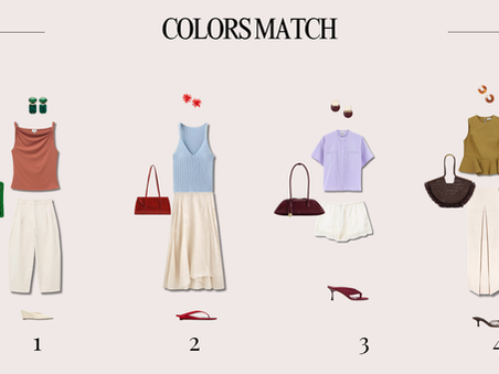 Accords couleurs femme avec terracotta, crème, vert, bleu ciel, sable, rouge, lilas, écru, prune, kaki et chocolat.