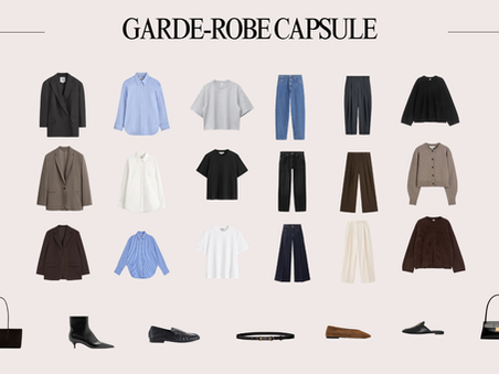 Garde-robe capsule femme avec les basiques du dressing : blazers, chemises, t-shirts, jeans, pantalons, pulls, chaussures, sacs et accessoires.