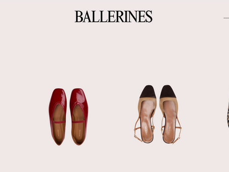 Quatre ballerines femme tendance automne 2026 : bicolores, rouges en cuir verni, noires à bout pointu et imprimé animal.