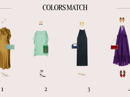 Accord couleurs femme spécial cérémonie avec jaune safran, blanc cassé, turquoise, bleu calamine, noir, vert sapin, bleu marine, denim, jaune beurre, violet profond, vert d'eau et rouge carmin.