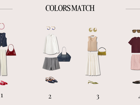 Accords couleurs femme avec denim, écru, framboise, gris perle, crème, bleu pétrole, beige, blanc cassé, vert sauge, bordeaux, rose nude et chocolat.