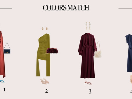 Couleurs cérémonie femme : quatre associations de couleurs avec terracotta, bleu ciel, marine, vert sauge, beige rosé, bordeaux, prune, crème, camel, rose poudré et chocolat.