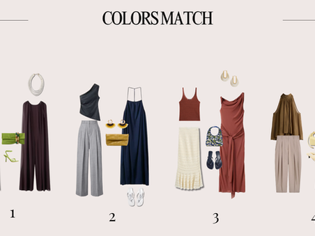 Accord couleurs femme avec chocolat, sable, vert olive, marine, gris clair, jaune, terracotta, écru, bleu denim, kaki, taupe et jaune beurre.