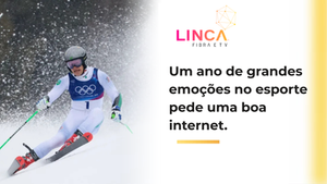 Arte da Linca com atleta de esqui e frase sobre grandes emoções no esporte pedirem boa internet.