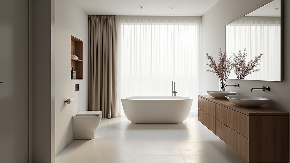 Eye-level view of a modern bathroom featuring a freestanding tub and sleek cabinetry