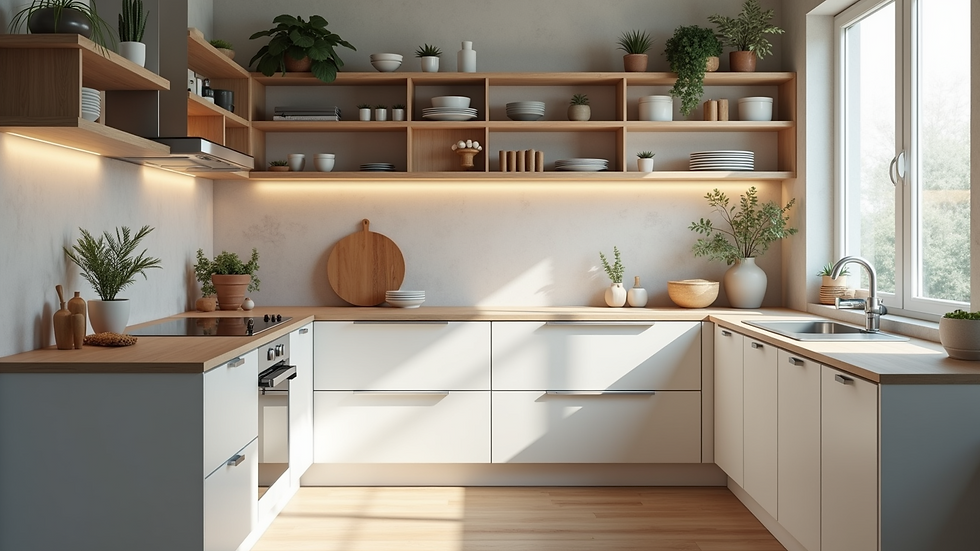 Eye-level view of a small kitchen with vertical storage and pull-out drawers