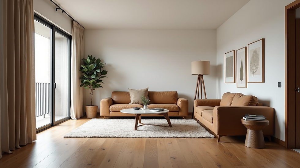 Eye-level view of a stylish living room with hardwood flooring and modern furnishings