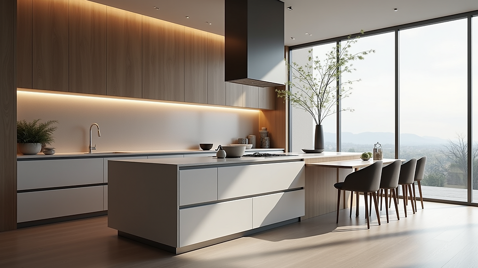 Eye-level view of a modern kitchen island with a waterfall edge