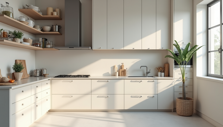 Eye-level view of a small kitchen with vertical storage and light colors