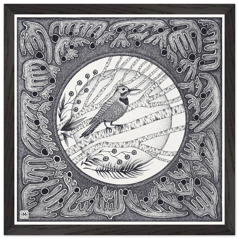 Miniatura: poster qualité musé papier mat encadré, illustration pointillisme oiseau flicker