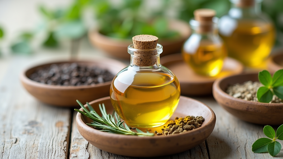 Close-up view of natural oils and herbs in bowls