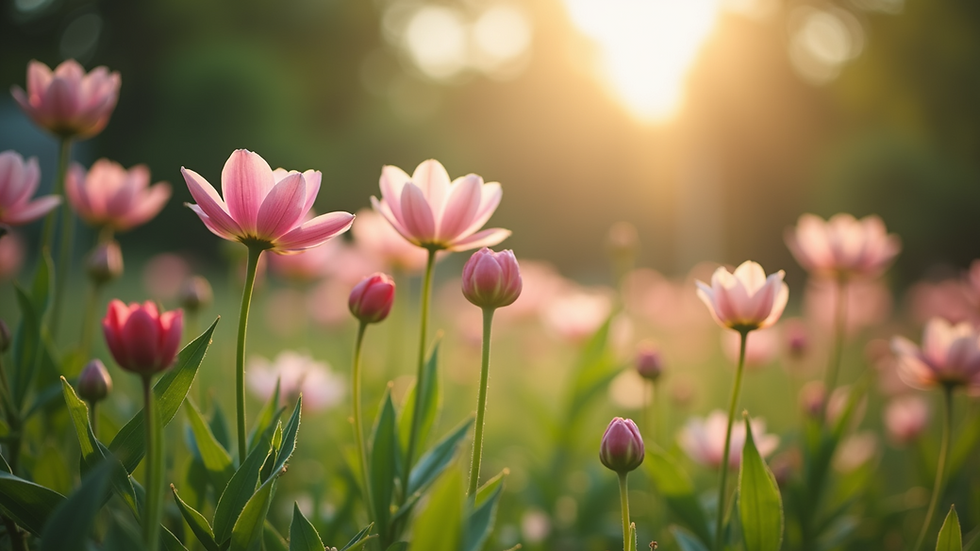 Eye-level view of a serene garden with blooming flowers