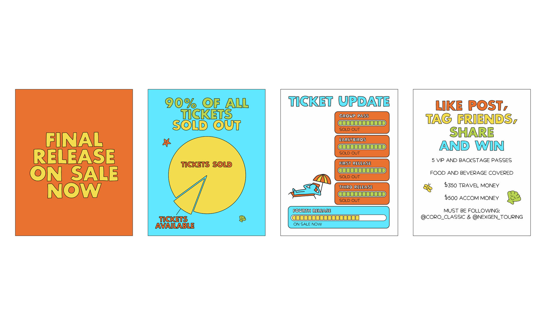 Bright and cheerful Instagram carousel for Coro Classic, showcasing illustrations and key festival info