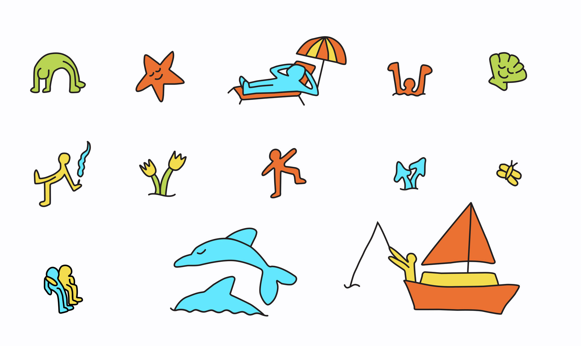 Whimsical coastal characters illustrated for Coro Classic branding, including surfers, musicians, and sun-lovers