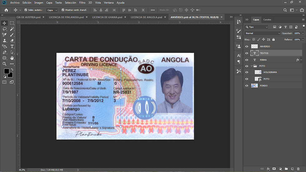 Miniatura: plantilla LICENCIA DE ANGOLA editable en photoshop PSD