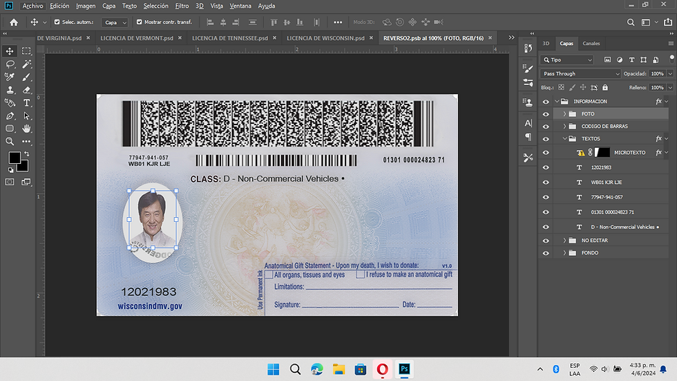 Miniatura: plantilla LICENCIA WISCONSIN (USA) editable en photoshop (actualizada)