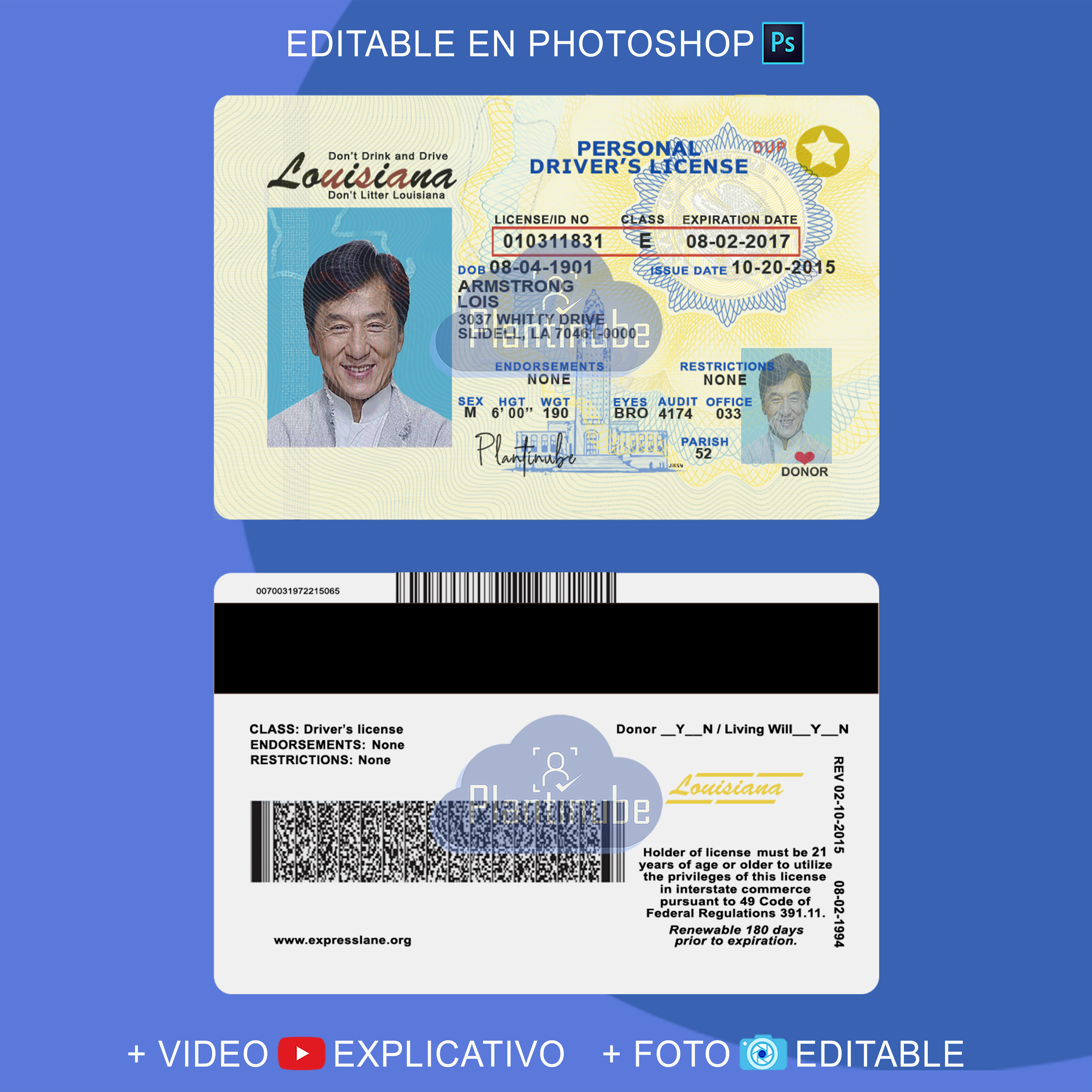 plantilla LICENCIA DE LOUISIANA (USA) editable en photoshop (actualizada)