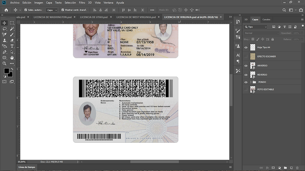 Miniatura: plantilla LICENCIA DE VIRGINIA (USA) editable en photoshop (actualizada)