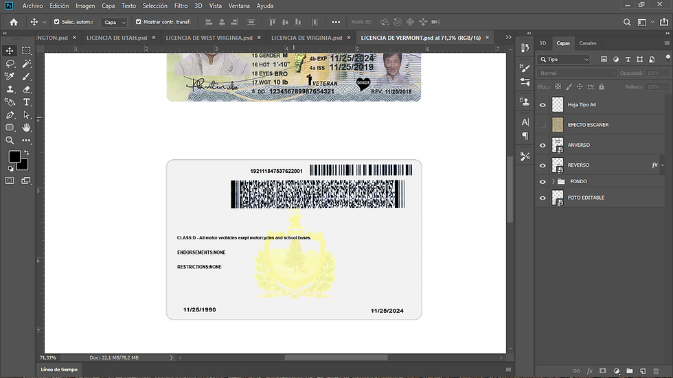 Miniatura: plantilla LICENCIA DE VERMONT (USA) editable en photoshop (actualizada)