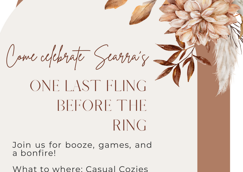 Bohemian Bachelorette Party Invite Details "One last fling before the ring" rust, pale pink and peachy flowers.