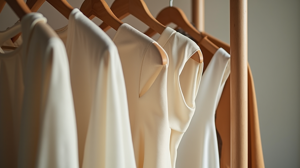 Eye-level view of a flowing custom-fit dress hanging on a wooden rack