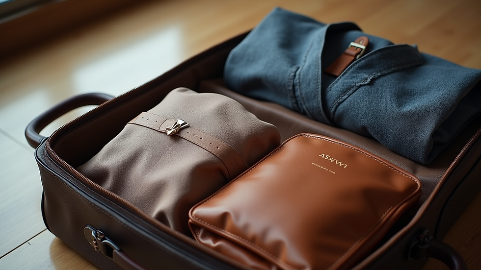 Close-up view of a stylish travel bag packed with elegant clothing and accessories