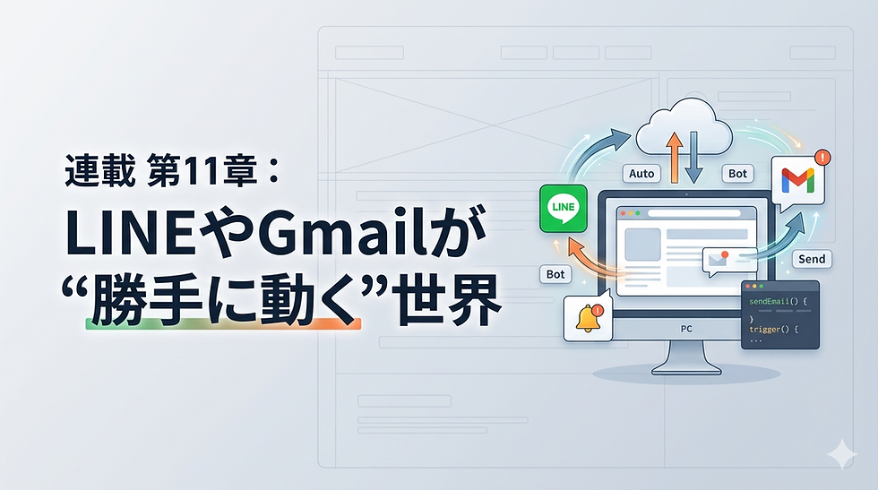 LINEやGmailと連携し、自動で通知やメール送信を行うプログラミングの仕組みを表現したイラスト