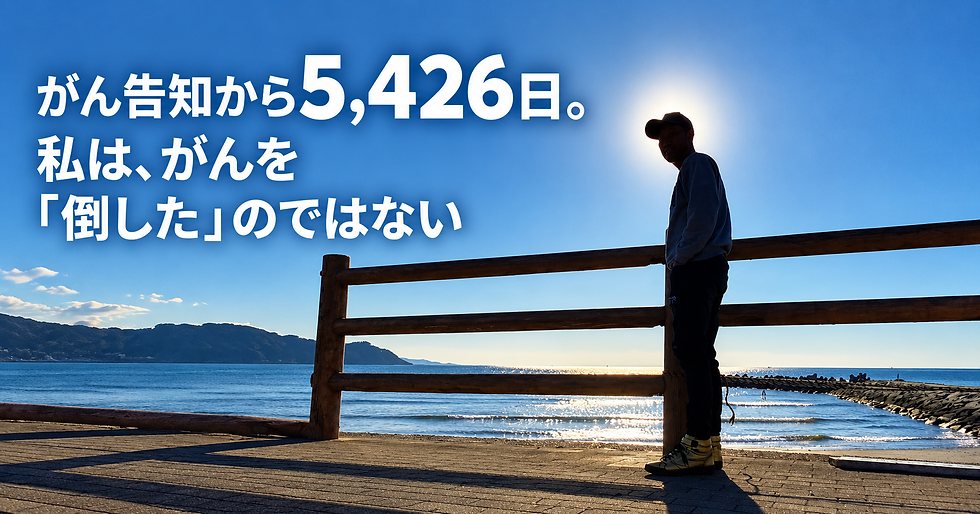 青空と海を背景に、太陽の逆光を受けながら海辺の木柵の前に立つ奥村哲次。「がん告知から5,426日」と記されたブログ画像。