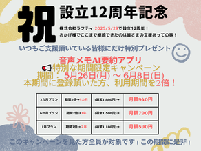 コンフェッティとバルーンが舞う「Laughtey Inc. 設立12周年記念キャンペーン」バナー。音声メモAI要約アプリの2カ月/6カ月/1年プランを特別価格&利用期間2倍で案内。