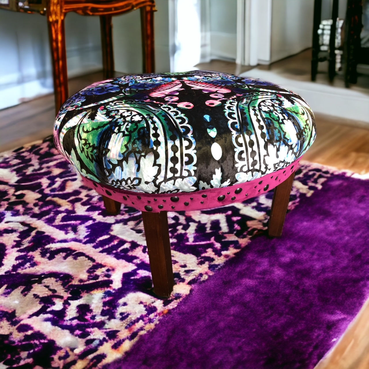 bold black and purple printed foot stool, ottoman