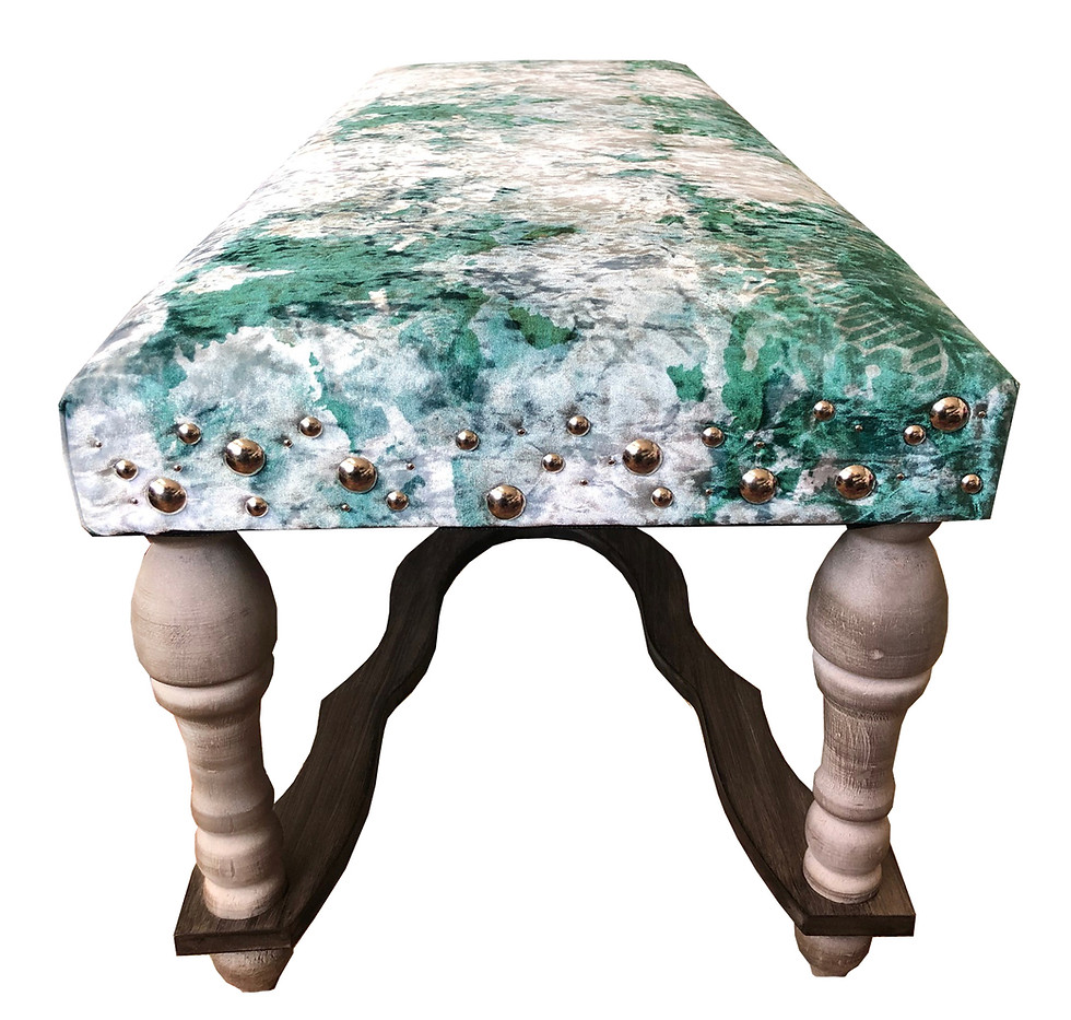 green, emerald green and icy blue printed ottoman with bubble nails