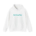 White unisex hooded sweatshirt with teal logo on front 