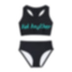 Black two piece women's bathing suite with teal logon on top. Sports bra style
