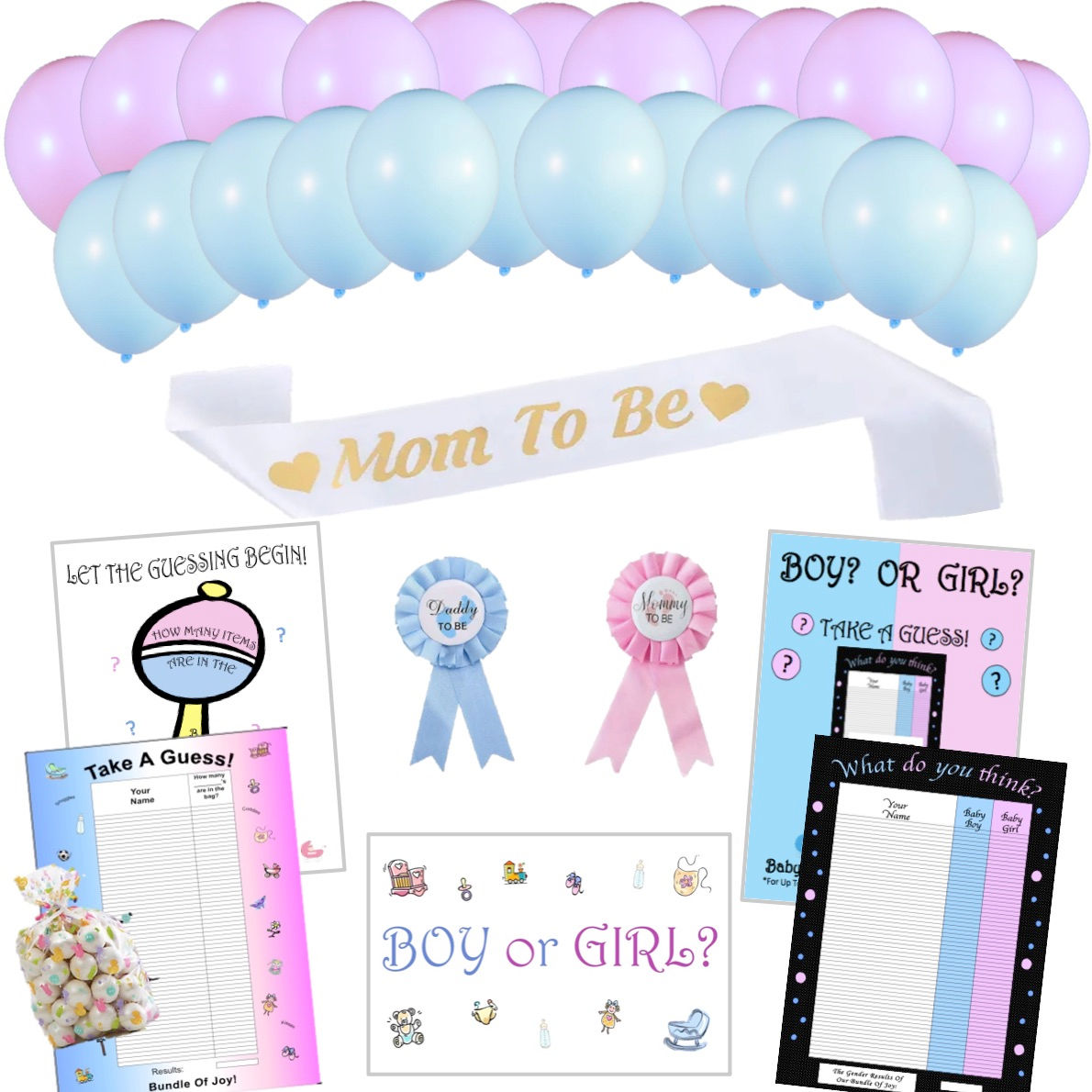 Bundle Board Gender Reveal Baby Shower/Party Game/Decor Kit- 50, 35, 15 Players