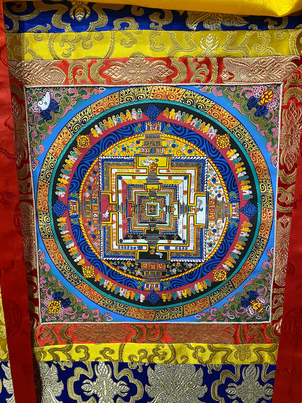 Miniatura: Thangka Tibetana in broccato con Mandala dipinto a Mano