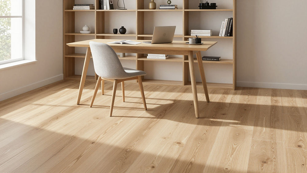 Oficina moderna con suelo de madera clara, escritorio y estantería