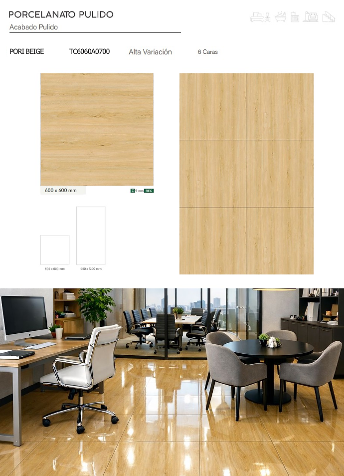 Página de catálogo de porcelanato beige para pisos en oficina.