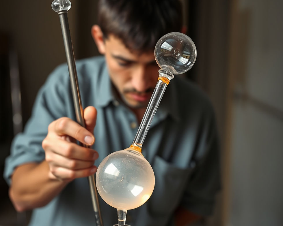 glass blower holding a hollow metal rod with a glass bulb on the end, breathing air into a