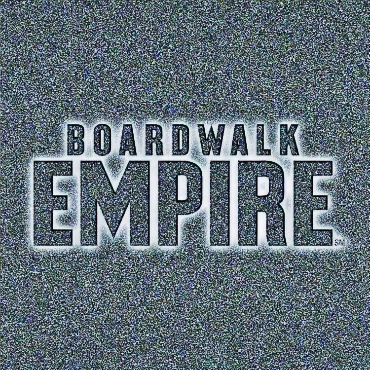 Text "BOARDWALK EMPIRE" on static background, evoking a vintage TV screen. The mood is nostalgic and gritty.