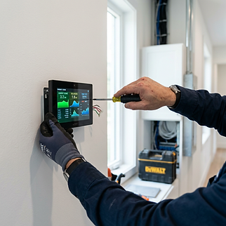 Electrek Master Electrician configuring a smart home energy efficiency monitoring system inside a modern Calgary residence.